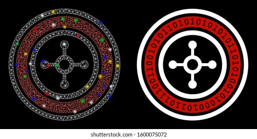 Glowing mesh digital roulette icon with glare effect. Abstract illuminated model of digital roulette. Shiny wire frame triangular mesh digital roulette icon. Vector abstraction on a black background.