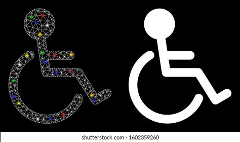 Glowing mesh disabled person icon with glare effect. Abstract illuminated model of disabled person. Shiny wire frame triangular mesh disabled person icon. Vector abstraction on a black background.