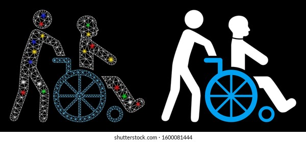 Glowing mesh disabled person transportation icon with glitter effect. Abstract illuminated model of disabled person transportation.