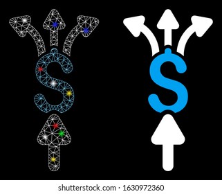 Glowing mesh divide payments icon with glare effect. Abstract illuminated model of divide payments. Shiny wire frame triangular mesh divide payments icon. Vector abstraction on a black background.