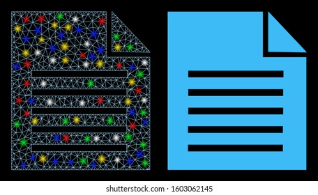 Glowing mesh document icon with glow effect. Abstract illuminated model of document. Shiny wire frame polygonal mesh document icon. Vector abstraction on a black background.