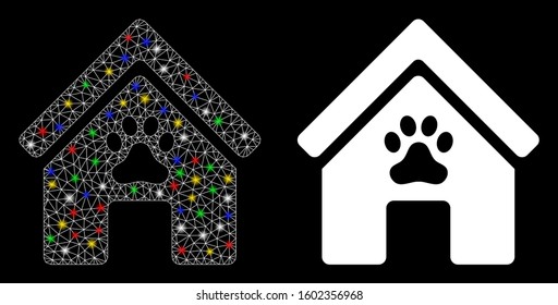 Glowing mesh doghouse icon with sparkle effect. Abstract illuminated model of doghouse. Shiny wire frame triangular mesh doghouse icon. Vector abstraction on a black background.
