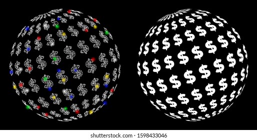 Glowing mesh dollar abstract sphere icon with glitter effect. Abstract illuminated model of dollar abstract sphere. Shiny wire carcass polygonal mesh dollar abstract sphere icon.