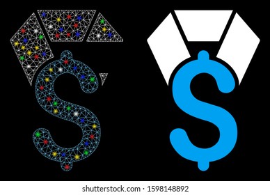 Glowing mesh dollar award icon with glare effect. Abstract illuminated model of dollar award. Shiny wire carcass polygonal mesh dollar award icon. Vector abstraction on a black background.