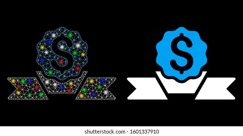 Glowing mesh dollar award icon with glare effect. Abstract illuminated model of dollar award. Shiny wire frame polygonal mesh dollar award icon. Vector abstraction on a black background.