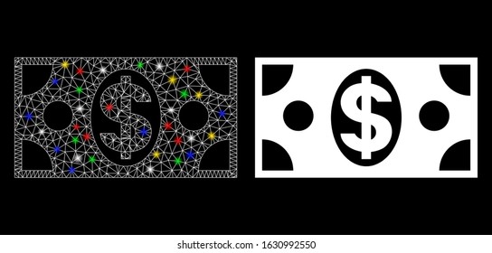 Glowing mesh dollar banknote icon with lightspot effect. Abstract illuminated model of dollar banknote. Shiny wire carcass triangular network dollar banknote icon.