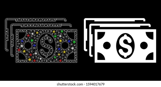 Glowing mesh dollar banknotes icon with sparkle effect. Abstract illuminated model of dollar banknotes. Shiny wire frame polygonal mesh dollar banknotes icon. Vector abstraction on a black background.