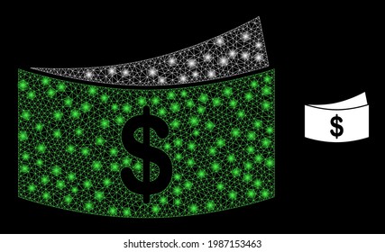 Glowing mesh dollar bills with glowing spots. Vector frame created from dollar bills icon. Illuminated frame mesh dollar bills on a black background.