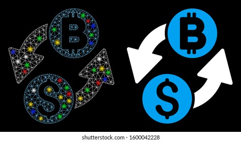 Glowing mesh dollar Bitcoin exchange icon with glitter effect. Abstract illuminated model of dollar Bitcoin exchange. Shiny wire carcass triangular mesh dollar Bitcoin exchange icon.
