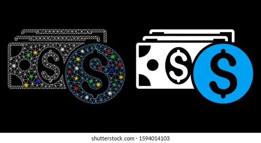 Glowing mesh dollar cash icon with lightspot effect. Abstract illuminated model of dollar cash. Shiny wire carcass polygonal mesh dollar cash icon. Vector abstraction on a black background.