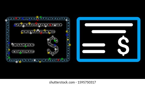 Glowing mesh dollar cheque icon with glow effect. Abstract illuminated model of dollar cheque. Shiny wire carcass triangular mesh dollar cheque icon. Vector abstraction on a black background.