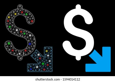 Glowing mesh dollar decrease icon with lightspot effect. Abstract illuminated model of dollar decrease. Shiny wire frame polygonal mesh dollar decrease icon. Vector abstraction on a black background.