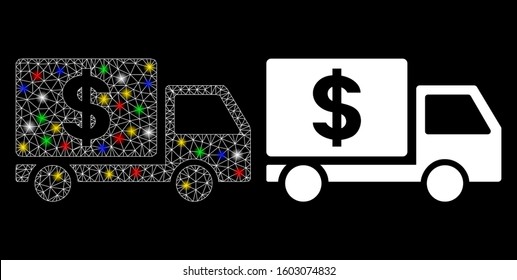 Glowing mesh dollar delivery icon with sparkle effect. Abstract illuminated model of dollar delivery. Shiny wire frame polygonal mesh dollar delivery icon. Vector abstraction on a black background.