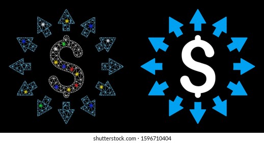 Glowing mesh dollar distribution icon with sparkle effect. Abstract illuminated model of dollar distribution. Shiny wire frame polygonal mesh dollar distribution icon.