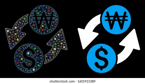 Glowing mesh dollar Korean Won exchange icon with lightspot effect. Abstract illuminated model of dollar Korean Won exchange. Shiny wire carcass triangular mesh dollar Korean Won exchange icon.