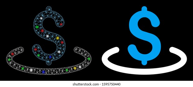 Glowing mesh dollar location icon with glare effect. Abstract illuminated model of dollar location. Shiny wire carcass triangular mesh dollar location icon. Vector abstraction on a black background.