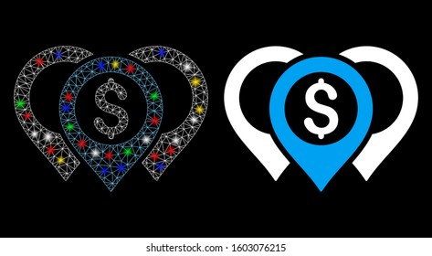 Glowing mesh dollar map pointers icon with glare effect. Abstract illuminated model of dollar map pointers. Shiny wire carcass triangular mesh dollar map pointers icon.