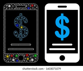 Glowing mesh dollar mobile wallet icon with lightspot effect. Abstract illuminated model of dollar mobile wallet. Shiny wire carcass polygonal network dollar mobile wallet icon.