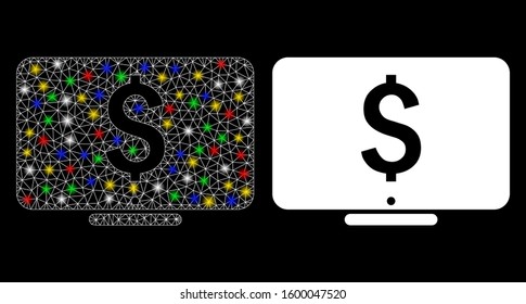 Glowing mesh dollar monitor icon with glare effect. Abstract illuminated model of dollar monitor. Shiny wire frame polygonal mesh dollar monitor icon. Vector abstraction on a black background.
