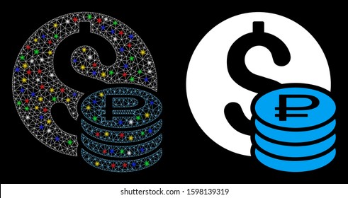 Glowing mesh dollar and rouble coins icon with glitter effect. Abstract illuminated model of dollar and rouble coins. Shiny wire frame triangular mesh dollar and rouble coins icon.