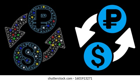 Glowing mesh dollar rouble exchange icon with glare effect. Abstract illuminated model of dollar rouble exchange. Shiny wire carcass polygonal network dollar rouble exchange icon.