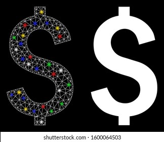 Glowing mesh dollar symbol icon with sparkle effect. Abstract illuminated model of dollar symbol. Shiny wire frame triangular mesh dollar symbol icon. Vector abstraction on a black background.