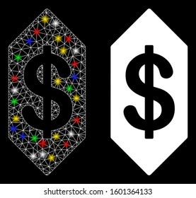 Glowing mesh dollar ticket icon with glow effect. Abstract illuminated model of dollar ticket. Shiny wire carcass polygonal mesh dollar ticket icon. Vector abstraction on a black background.