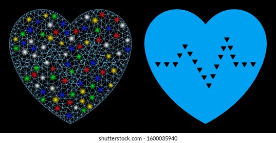 Glowing mesh dotted heart pulse icon with lightspot effect. Abstract illuminated model of dotted heart pulse. Shiny wire carcass triangular mesh dotted heart pulse icon.