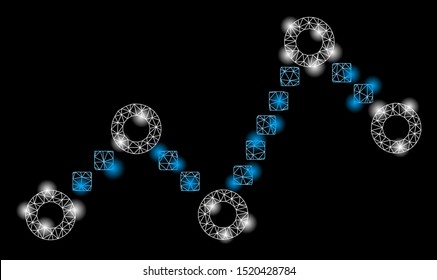 Glowing mesh dotted line with sparkle effect. Abstract illuminated model of dotted line icon. Shiny wire frame polygonal mesh dotted line. Vector abstraction on a black background.