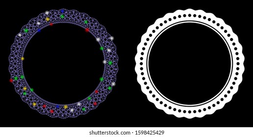 Glowing mesh dotted rosette circular frame icon with glare effect. Abstract illuminated model of dotted rosette circular frame. Shiny wire frame triangular mesh dotted rosette circular frame icon.