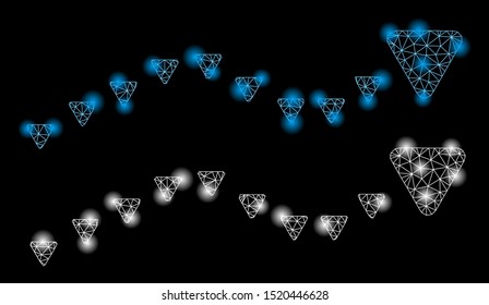 Glowing mesh dotted trends with glare effect. Abstract illuminated model of dotted trends icon. Shiny wire carcass triangular mesh dotted trends. Vector abstraction on a black background.
