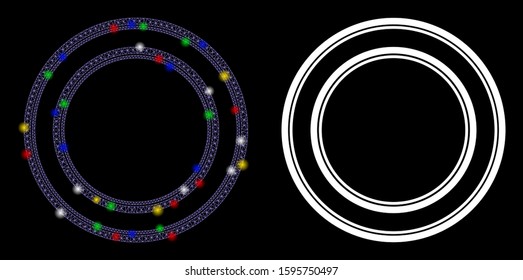 Glowing mesh double circle frame icon with glitter effect. Abstract illuminated model of double circle frame. Shiny wire frame triangular mesh double circle frame icon.