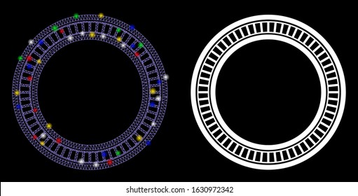 Glowing mesh double circle frame icon with lightspot effect. Abstract illuminated model of double circle frame. Shiny wire carcass polygonal mesh double circle frame icon.