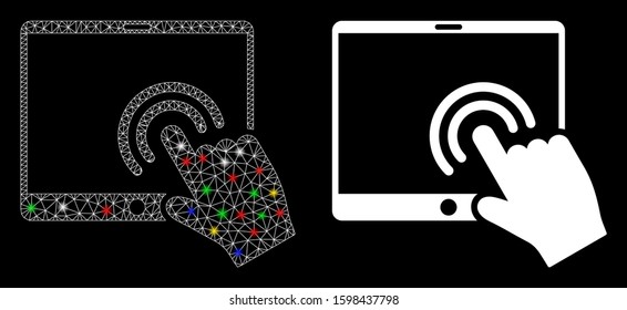 Glowing mesh double click tablet icon with glare effect. Abstract illuminated model of double click tablet. Shiny wire carcass triangular network double click tablet icon.