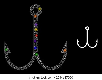 Glowing mesh double fish hook constellation icon with light spots. Illuminated vector model based on double fish hook icon. Sparkle carcass mesh double fish hook on a black background.