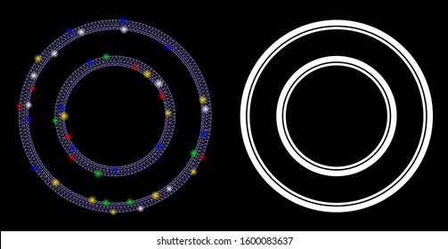 Glowing mesh double round frame icon with glow effect. Abstract illuminated model of double round frame. Shiny wire carcass polygonal mesh double round frame icon.