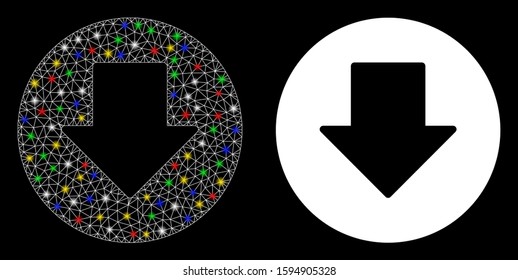 Glowing mesh down icon with glare effect. Abstract illuminated model of down. Shiny wire frame triangular mesh down icon. Vector abstraction on a black background.
