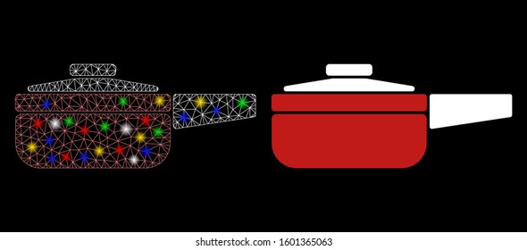 Glowing mesh dripping pan icon with glow effect. Abstract illuminated model of dripping pan. Shiny wire carcass triangular mesh dripping pan icon. Vector abstraction on a black background.