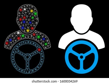 Glowing mesh driver icon with glare effect. Abstract illuminated model of driver. Shiny wire carcass polygonal mesh driver icon. Vector abstraction on a black background.