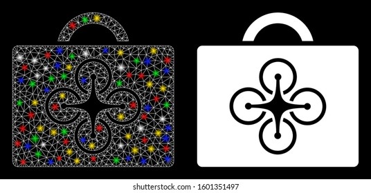 Glowing mesh drone case icon with glitter effect. Abstract illuminated model of drone case. Shiny wire frame polygonal network drone case icon. Vector abstraction on a black background.