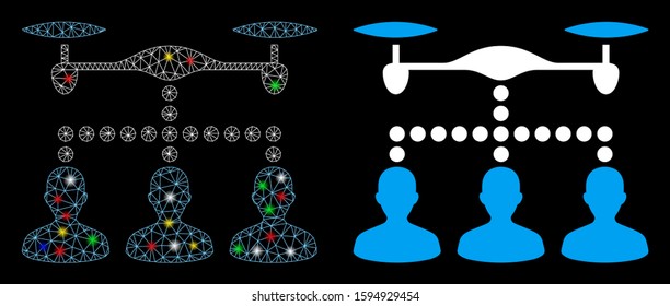 Glowing mesh drone clients connection icon with glare effect. Abstract illuminated model of drone clients connection. Shiny wire carcass polygonal mesh drone clients connection icon.