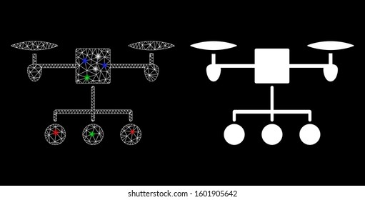 Glowing mesh drone distribution icon with sparkle effect. Abstract illuminated model of drone distribution. Shiny wire carcass polygonal network drone distribution icon.