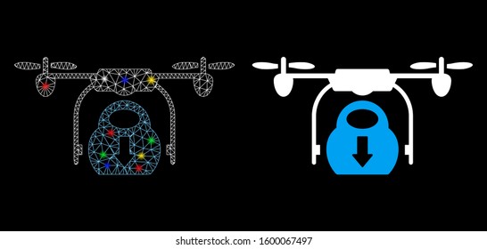 Glowing mesh drone drop cargo icon with sparkle effect. Abstract illuminated model of drone drop cargo. Shiny wire carcass triangular mesh drone drop cargo icon.
