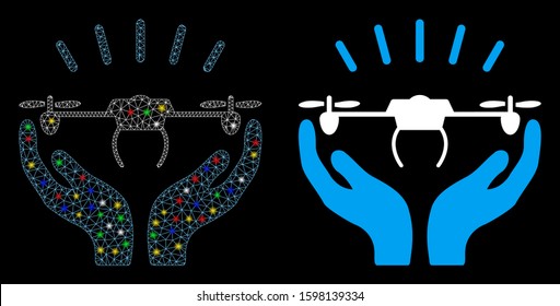 Glowing mesh drone launch hands icon with lightspot effect. Abstract illuminated model of drone launch hands. Shiny wire carcass polygonal mesh drone launch hands icon.