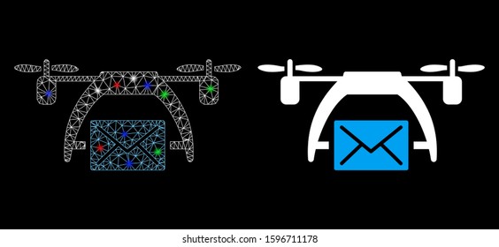 Glowing mesh drone mail icon with sparkle effect. Abstract illuminated model of drone mail. Shiny wire carcass triangular mesh drone mail icon. Vector abstraction on a black background.