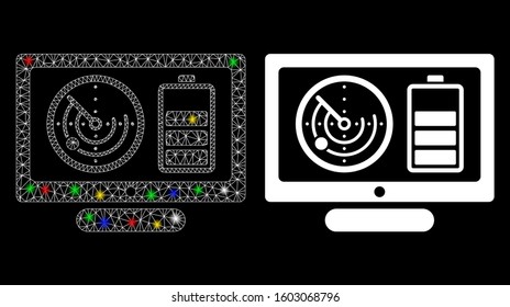 Glowing mesh drone monitoring icon with glitter effect. Abstract illuminated model of drone monitoring. Shiny wire frame triangular mesh drone monitoring icon.