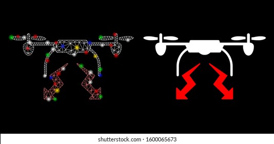 Glowing mesh drone strike icon with lightspot effect. Abstract illuminated model of drone strike. Shiny wire frame polygonal mesh drone strike icon. Vector abstraction on a black background.