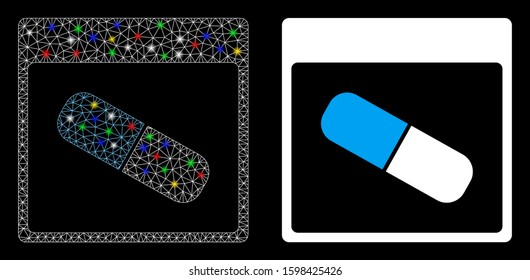 Glowing mesh drugs capsule calendar page icon with glare effect. Abstract illuminated model of drugs capsule calendar page. Shiny wire carcass triangular network drugs capsule calendar page icon.