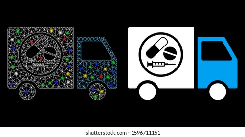 Glowing mesh drugstore truck icon with glitter effect. Abstract illuminated model of drugstore truck. Shiny wire carcass triangular mesh drugstore truck icon. Vector abstraction on a black background.