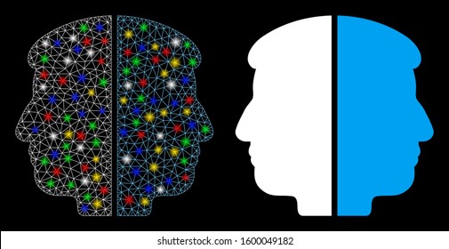 Glowing mesh dual face icon with glow effect. Abstract illuminated model of dual face. Shiny wire carcass triangular mesh dual face icon. Vector abstraction on a black background.